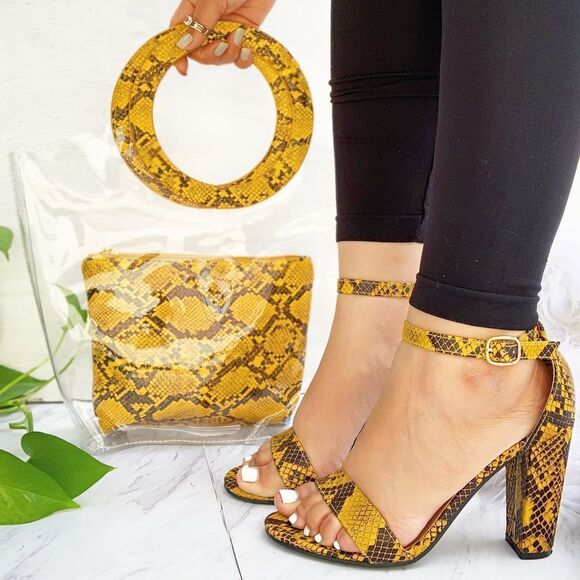 Mustard Snake Ankle Open Toe Block Heel - Picture 2 of 5